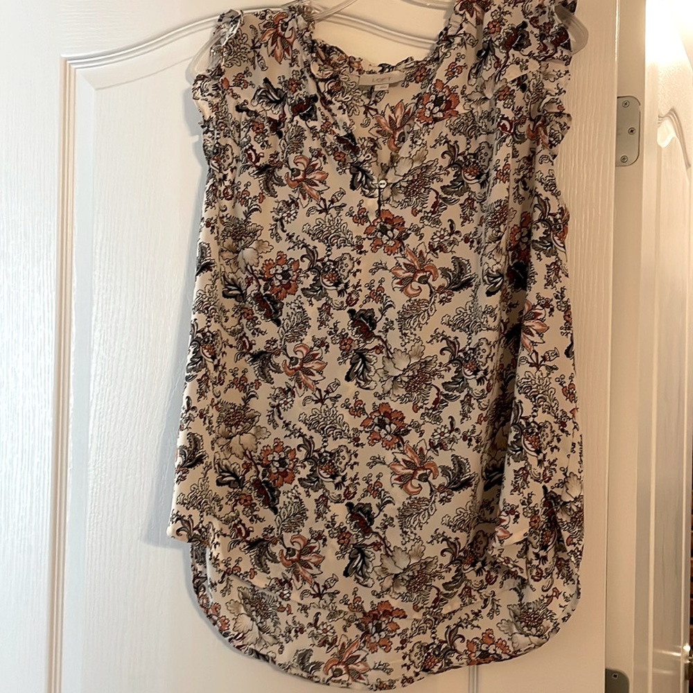 Loft. Size L. Multi color. Ruffle sleeve. Gold buttons for great detail.